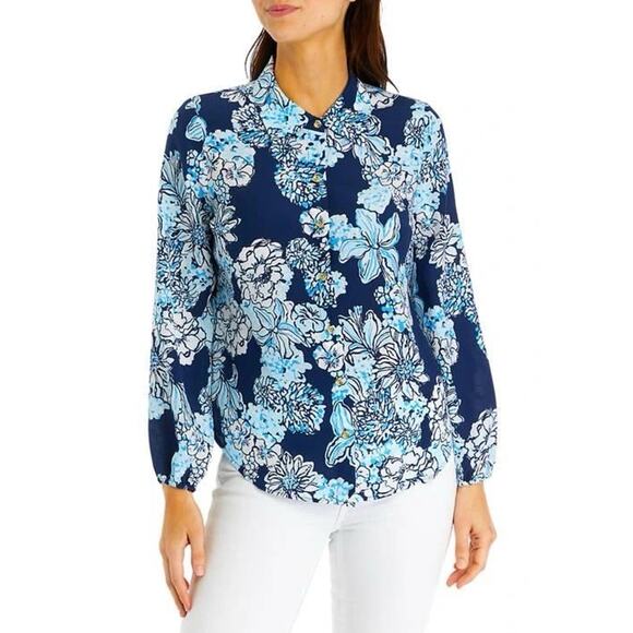 Lilly Pulitzer Size Small Farren 100% Silk Blue Floral Silk Blouse - Picture 2 of 9